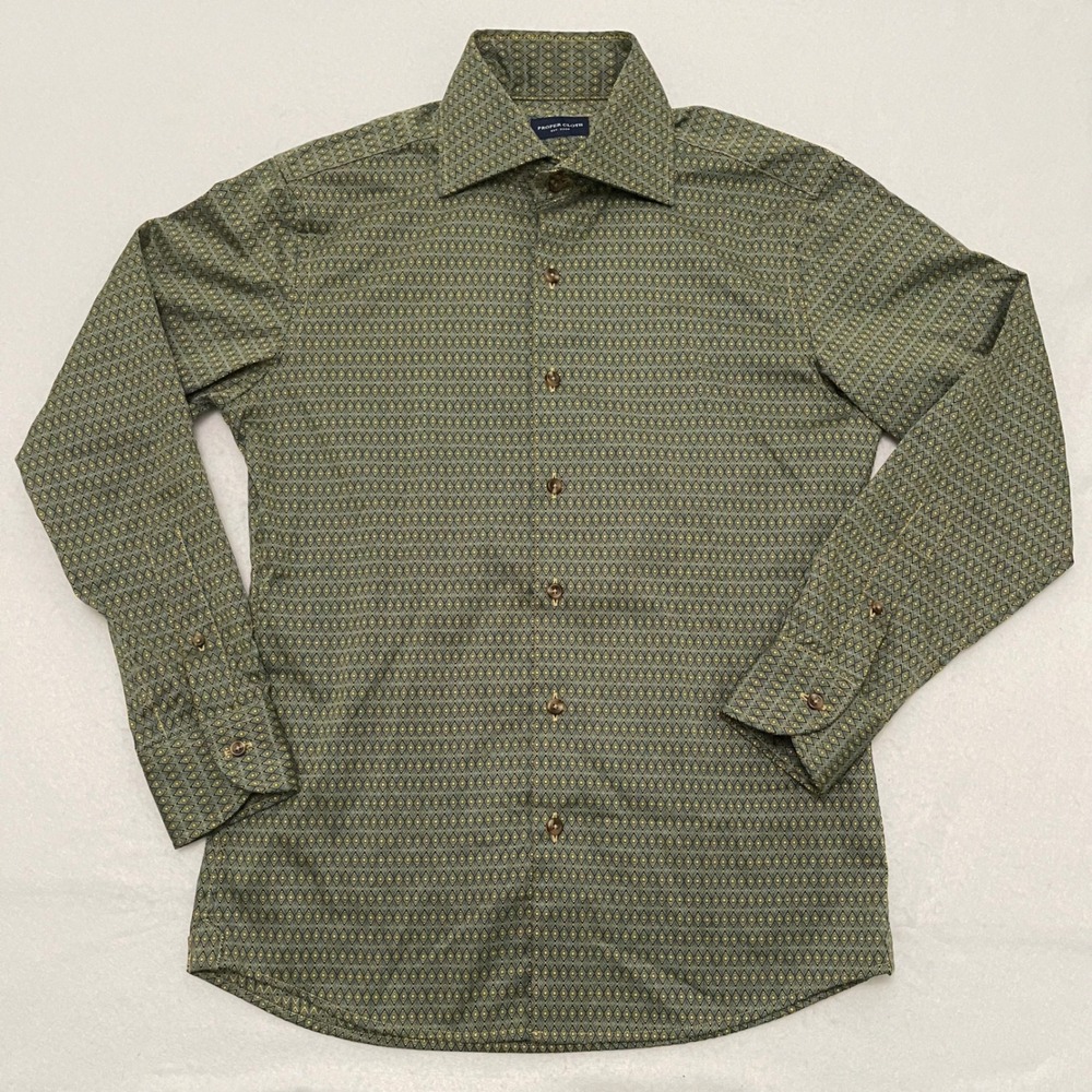 Proper Cloth Mens Medium Button Down Shirt Green Geometric Print Long Sleeve